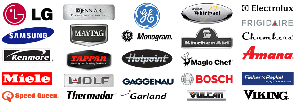 A collection of home appliance logos including LG, Jenn-Air, GE, Whirlpool, Electrolux, Frigidaire, Samsung, Maytag, GE Monogram, KitchenAid, Chambers, Kenmore, Tappan, Hotpoint, Magic Chef, Amana, Miele, Wolf, Gaggenau, Bosch, Fisher & Paykel, Speed Queen, Thermador, Garland, Vulcan, and Viking